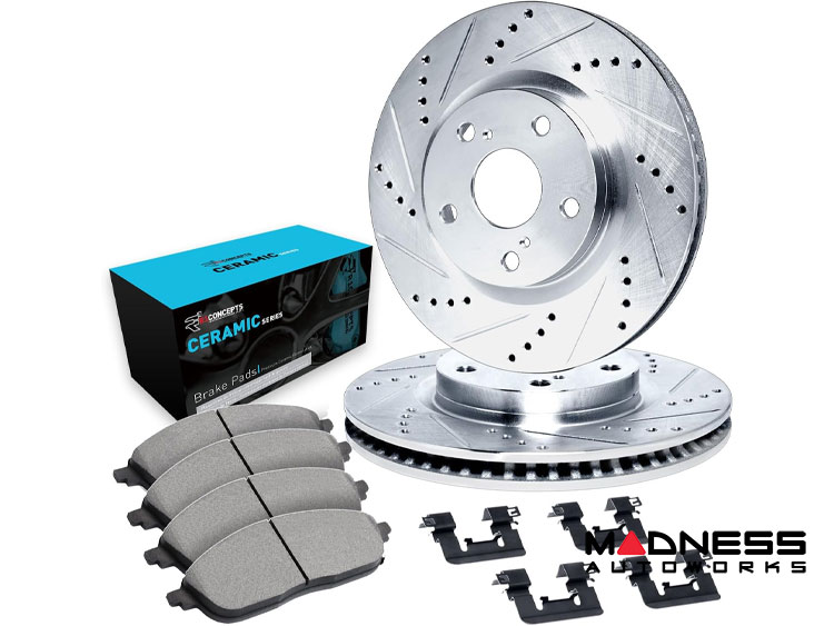 Dodge Hornet Brake Kit - Rear - R1 Concepts - Ceramic Brake Pads - eLINE Drilled + Slotted Rotors